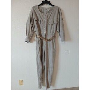 ACT I Womens Jumpsuit Beige Button Up Zipper Pockets 3/4 Sleeve Belt 90’s M